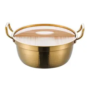 High Quality Stainless Steel Noodles Pan with Wooden Lid Instant Milk Pot Hot Pot Korean Gold Stock Pot