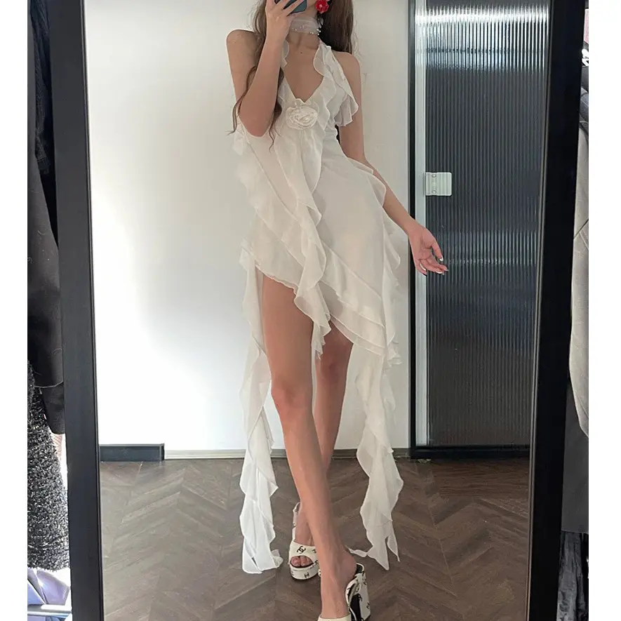 Summer White Holiday Vestidos Casuales Sexy Beach Dress Asymmetrical 3D Flower Ruffles Halter Dress