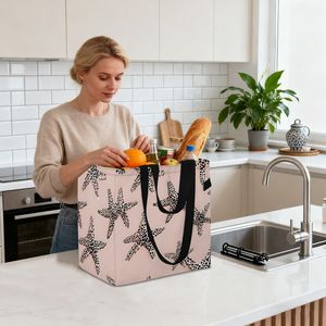 Pink Starfish Pattern <b>Canvas</b> Beach Tote <b>Bag</b> Custom <b>Large</b> Custom Shoulder <b>Bag</b> with Black Handles for Beach Shopping - Product Image 3