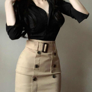Women's Two Piece Set Shirt And Skirt Solid Color Long Sleeve Belted Office Wear Formal Outfit Polyester Oxford Fabric JY-8360 - Product Image 5