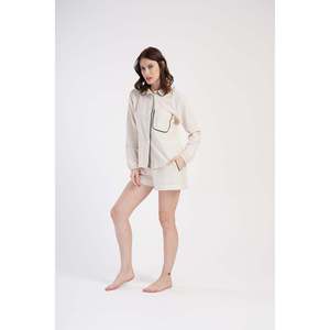 Chemise en lin pour femme, col entièrement boutonné, manches longues, poches, ensemble court - Crème - Crème - Product Image 2