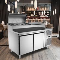 Plan de travail en acier inoxydable pour pizza et bar à salades, avec réfrigérateur à commande numérique, dégivrage automatique et refroidissement par ventilateur, base de chef