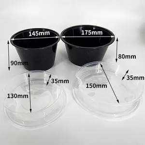 Reusable 2 Layers Food Dry And Wet Separate Takeaway Packaging Plastic Black Food Bowl With Lid Disposable