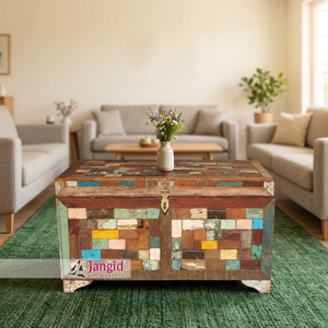 Reclaimed <b>Wooden</b> Indian <b>Storage</b> Vintage Trunk <b>Boxes</b> & Bins Cloth Organizer Box Painted Wood Block Fitted Handcrafted Living Room - Product Image 3