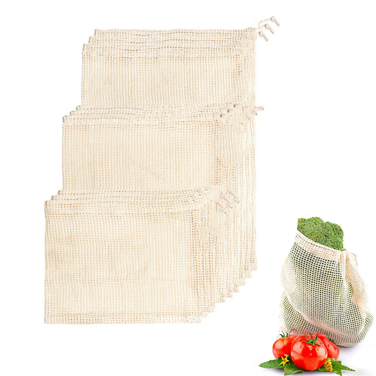 Recycled drawstring organic cotton net mesh reusable produce bags for fruit vegetable