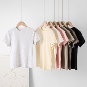 T-Shirt Corta da Donna Estiva alla Moda 92% Cotone 8% Spandex Vestibilità Aderente Stile Y2K Girocollo <span class=keywords><strong>Beige</strong></span> - Product Image 1