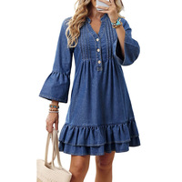 Robe en jean pour femme à col en V profond et laçage, à volants plissés, manches longues, style décontracté d'été, coupe ample, ou sans manches