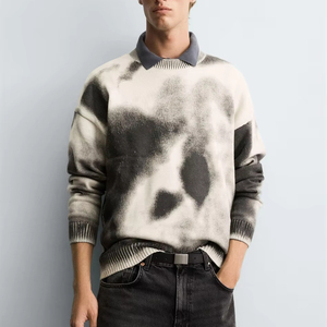 Men's Streetwear Cloud Dye Sweater in Black and White Tie-Dye Effect <strong>Oversized</strong> Crewneck Pullover <strong>Jumper</strong> with Ribbed - Product Image 1