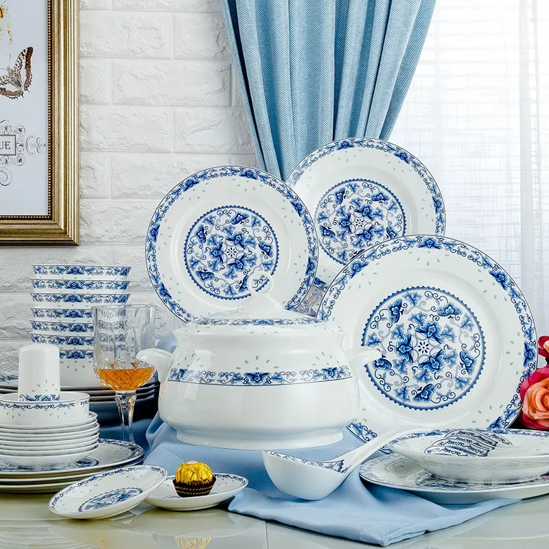 Service de couverts chinois délicates, ensemble de vaisselle en porcelaine, bleu et blanc, pour 10 personnes, vente en gros, 56 pièces,