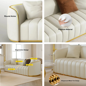 Divano Moderno di Lusso Personalizzabile a 3 Posti con Trapuntatura a Canale, <span class=keywords><strong>in</strong></span> Ecopelle con Finiture Dorate, Pezzo Centrale Contemporaneo per Soggiorno e Hotel - Product Image 3