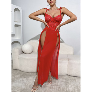 2 pezzi Sexy Set Lingerie 3XL abito in maglia di pizzo romantico apertura frontale 3D floreale reggiseno di perle abbinato perizoma all'ingrosso fornitore OEM - Product Image 3