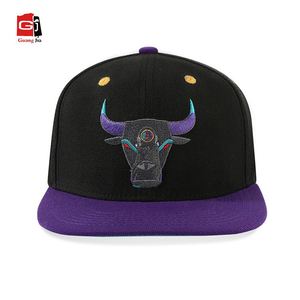 Venta al por mayor personalizado negro acrílico 6 paneles Toro bordado Logo Snapback <span class=keywords><strong>gorra</strong></span> de ala plana gorras de béisbol ajustables - Product Image 3