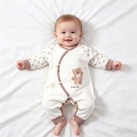 Combinaison Kimono Bébé Unisexe en Coton à Manches Longues avec Imprimé Ours Mignon et Lacets Latéraux, Body Nouveau-né pour la Maison et le Sommeil, Vente en Gros