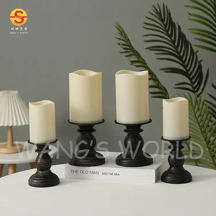 Candelabro cilíndrico de madera con luz Led, decoración, color negro mate