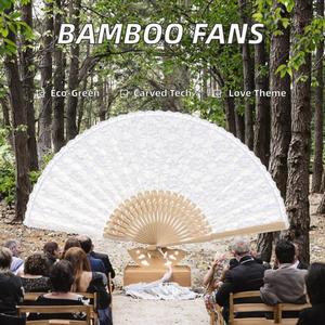 8 Inch Eco-Friendly <b>White</b> <b>Lace</b> Bamboo Wedding Fans Carved Love Style Top Stock for Wedding Gifts - Product Image 2