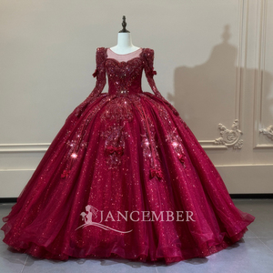 XS315 Classic Red Full Sleeve Crystal Empire Evening Ball Gown <b>Dresses</b> <b>With</b> Bow - Product Image 2