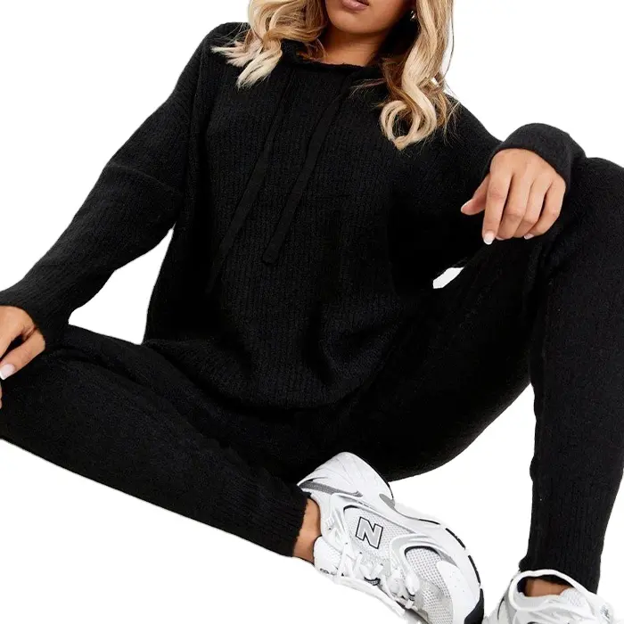 Wanita Loungewear Set piyama rajut olahraga Hoodie Legging Set pakaian musim gugur musim dingin Sweater rajut 2 dua potong Set