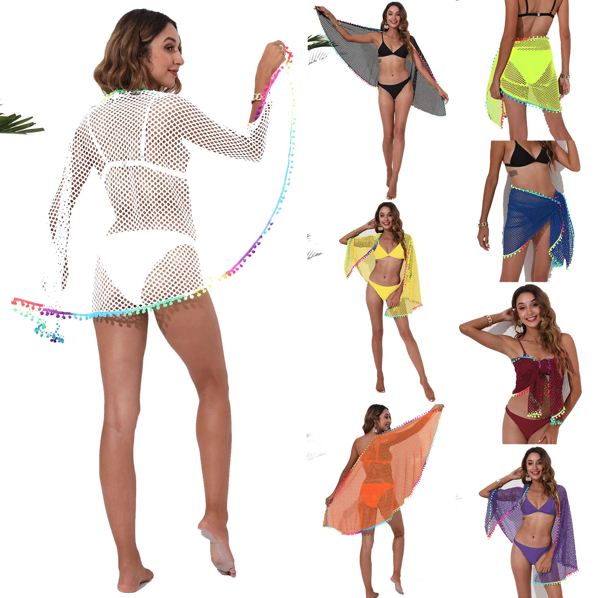 Vrouwen Pareo Kwastje Puur Mesh Strand Sarong Pareos De Playa Badpak Bedekken