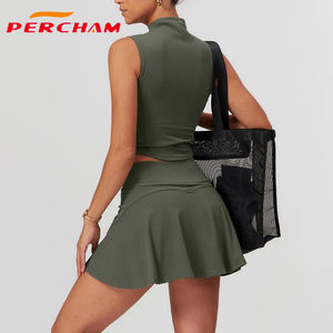 Abito da Tennis sportivo Slim Fit da donna canotta Crop Top e gonna da Tennis Set da allenamento elasticizzato senza maniche - Product Image 2