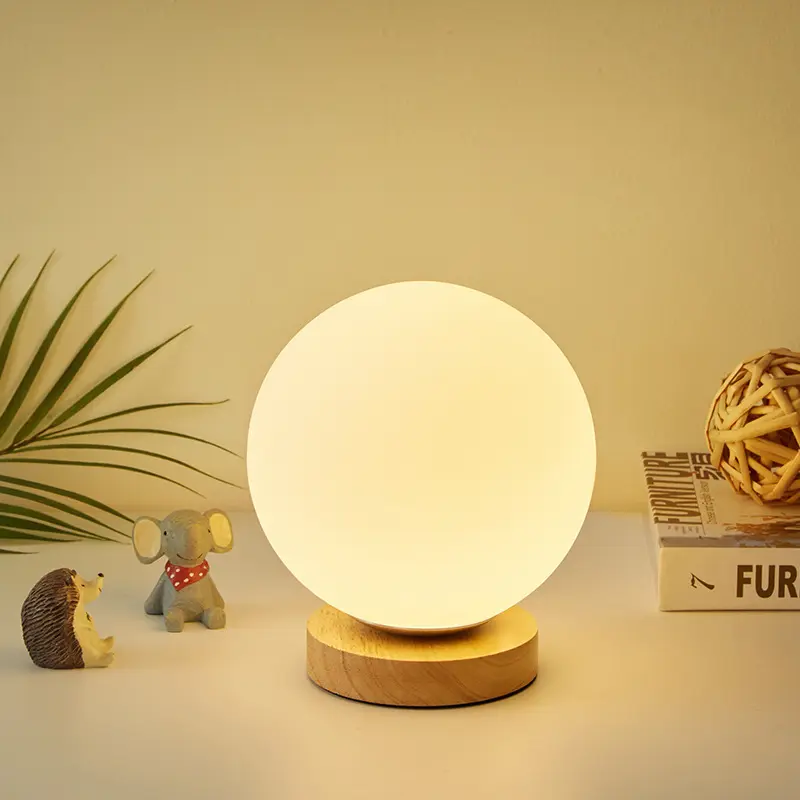 Lámpara de mesita de noche sencilla y moderna, de madera, nórdica, para dormitorio, sala de estar, estudio ins, bola esmerilada decorativa