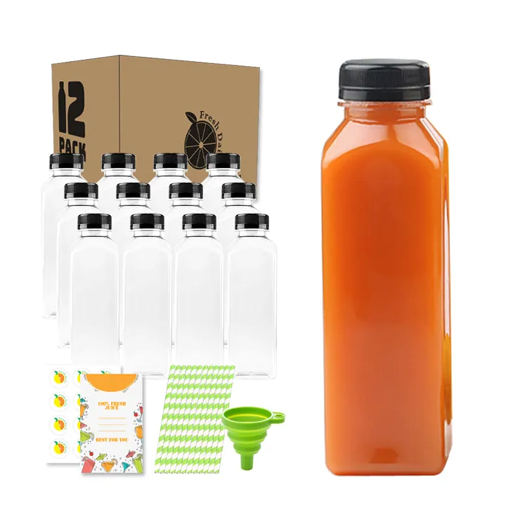 Food Grade BPA Free 16 oz Empty Plastic Juice Milk Bottles with Black Tamper Evident Caps and Straws 12 Pack in Bulk