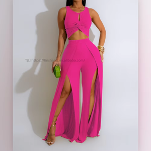 Conjunto de 2 Piezas para Mujer, Chaleco Casual sin Mangas y Pantalones Anchos con Abertura Lateral, a la Moda - Product Image 3