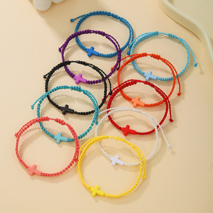Hot Sale Simple Fashion Woven Wax <b>Rope</b> Adjustable Beach Surf Acrylic Cross <b>Bracelet</b> for Women Men - Product Image 2