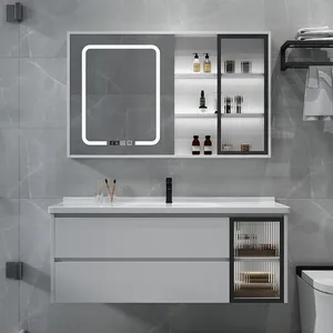Meuble-lavabo mural moderne gris/blanc avec vasque simple, miroir LED tactile étanche et éclairé, nouveau design, pour salles de bain simples - Product Image 1