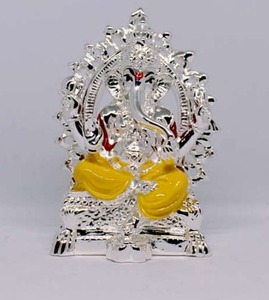 Premium Silver Plated Handmade <b>Art</b> Decor Lord Ganesha Idol Figurine Yellow Attire Decorative Throne for Religious Wedding - Product Image 3