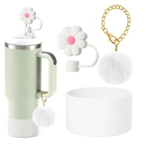 Juego de decoración de copa ecológica Ice Dominator, colgante de cadena de pompón Rosa bonito, manga de sombrero de paja de flor de 10mm para tazas - Product Image 3