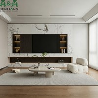 Mueble de TV Moderno y Lujoso SLS, Centro de Entretenimiento Personalizado con Luces LED, Pared con Efecto Mármol y Panel Acanalado