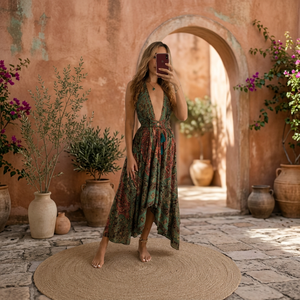 Robe longue 100 % coton de qualité supérieure à imprimé floral, coupe trapèze sans manches, style vacances d'été, respirante, froncée, ourlet asymétrique - Product Image 2