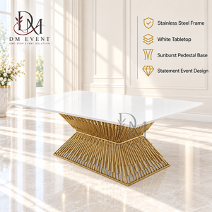 Mesa de Comedor de Acero Inoxidable de Alta Gama con Cubierta Blanca y Base de Pedestal Sunburst para Decoración de Banquetes, Bodas y Eventos - Product Image 3