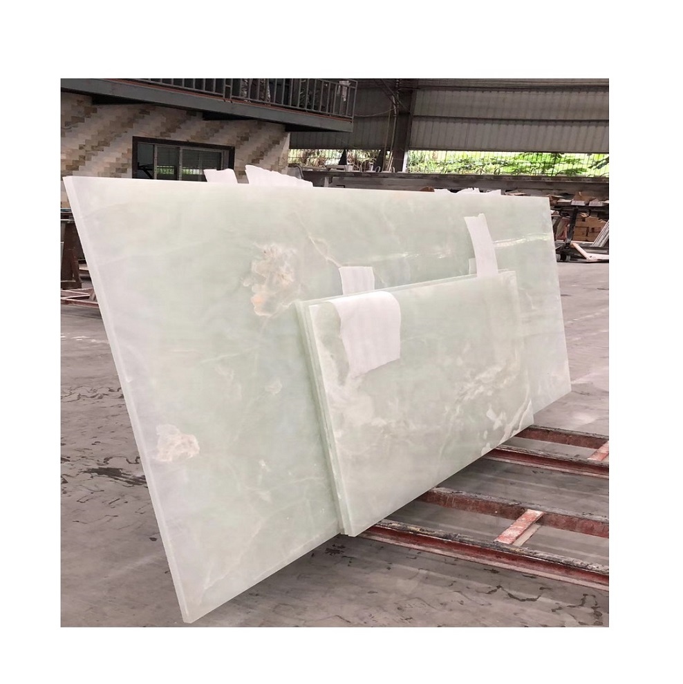 Snow white onyx composite marble big slabs backside stick sticked laminated with super white glass