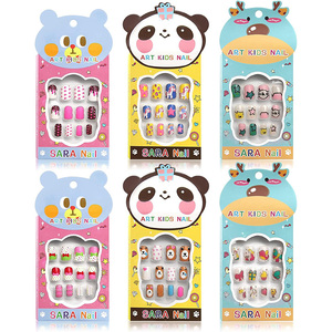 Ongles artificiels personnalisés à presser 24 pièces pour enfants Matériau ABS Carré coloré et motifs d'amande avec de la colle pour les doigts des enfants - Product Image 1