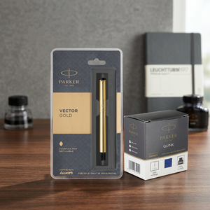 Parker Vector <b>Gold</b> GT Fountain <b>Pen</b> Quink Ink Bottle Blue 3 Piece Set Steel Model P36 - Product Image 3