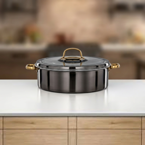 Casserole ronde en acier inoxydable avec couvercle en verre 24 cm, revêtement émaillé durable pour tous types de cuisinières, design minimaliste - Product Image 1