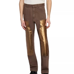 Jeans dorés en coton à effet délavé avec paillettes pour hommes <span class=keywords><strong>Pantalon</strong></span> décontracté d'extérieur à jambe droite avec effet enduit de papier d'aluminium à double genou - Product Image 1