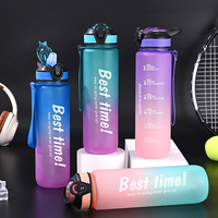 Bouteilles d'eau de sport en plastique de grande capacité 1000 ml, couleur dégradée, avec paille graduée, gobelet d'eau de sport d'extérieur