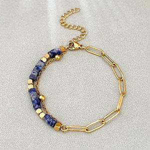 Bracelet KITI minimaliste en perles tubulaires de pierre naturelle, bijoux inaltérables, bracelet chaîne géométrique en acier inoxydable plaqué or 18 carats - Product Image 4