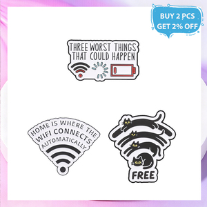 Pin de Esmalte con Diseño de Gato y Humor sobre Señal WiFi, con motivos de 'Desconectado', 'Carga de WiFi' y 'Batería Baja', Accesorio Decorativo para Mochila y Chaqueta - Product Image 1