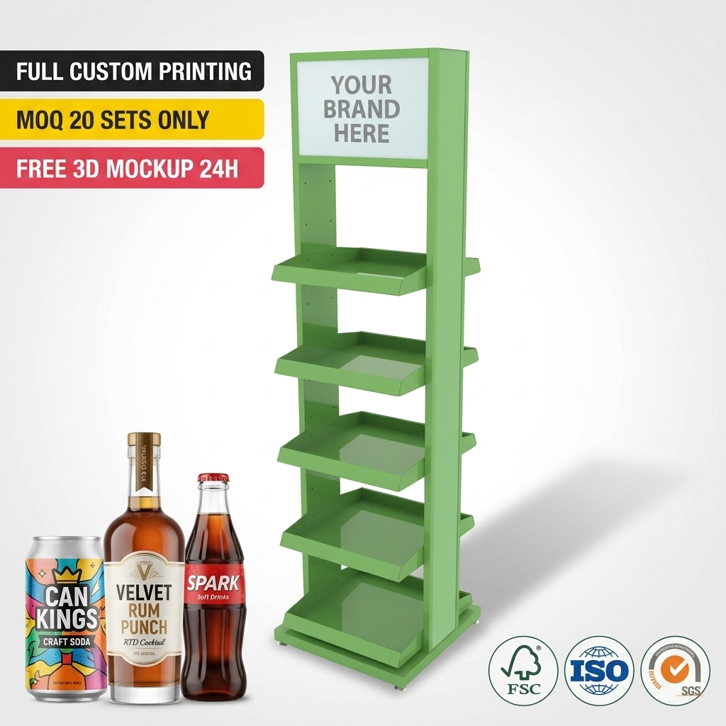 Custom Metal/Plastic Beverage Display Racks 5-Tier Header Board Liquor Merchandiser Knock Down Display Stand for Supermarket OEM — view 2