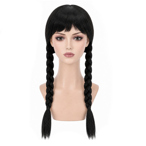 <span class=keywords><strong>Perruque</strong></span> Wednesday Addams noire à double tresses avec frange, <span class=keywords><strong>perruque</strong></span> synthétique pour femmes, costume de cosplay d'Halloween - Product Image 3