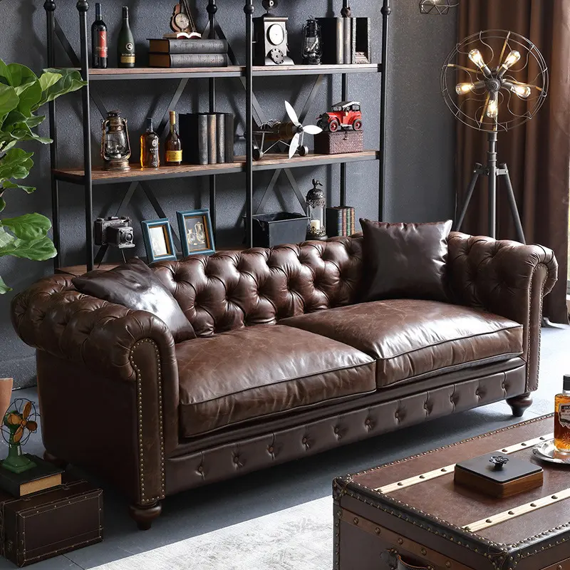 خمر منتصف القرن الأمريكية نمط براون الأريكة لفة الذراع تان جلدية تشيسترفيلد طقم أريكة
