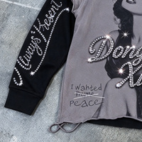 T-shirt à manches longues en coton, style designer, effet deux pièces, déchiré, vintage, délavé aux pigments, imprimé DTG, avec strass et déchirures, personnalisé