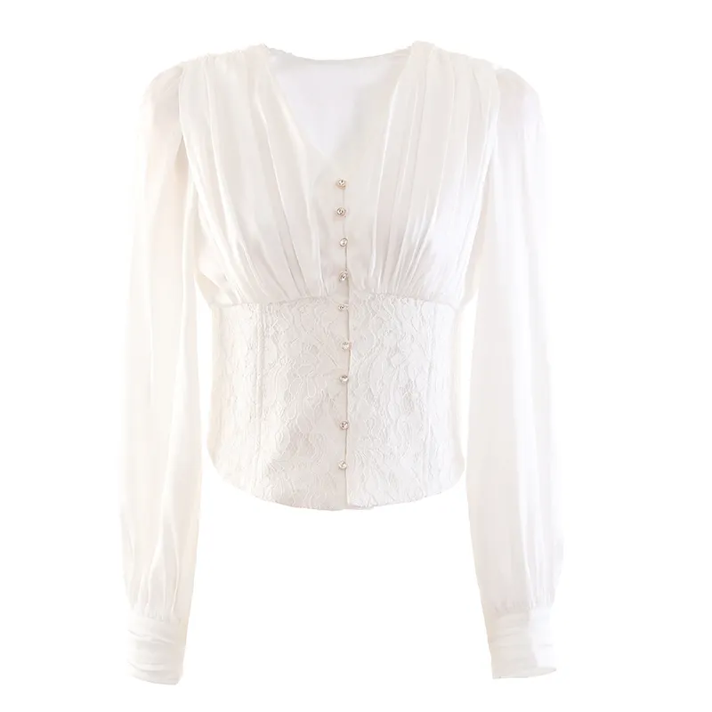 Blusa blanca de manga larga con cuello en V para mujer, camisa elegante Sexy con una hilera de botones, gran oferta