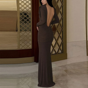 Abito da Sera su Misura a Maniche Lunghe <span class=keywords><strong>con</strong></span> Scollo a V, Aderente, Tinta Unita, <span class=keywords><strong>con</strong></span> Cintura in Vita e Pieghe a Coda di Pesce per Donna, Autunno Inverno - Product Image 3