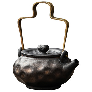 Petite théière en céramique rétro, poignée martelée dorée, résistante à la chaleur, avec couvercle, pour usage domestique - Product Image 5
