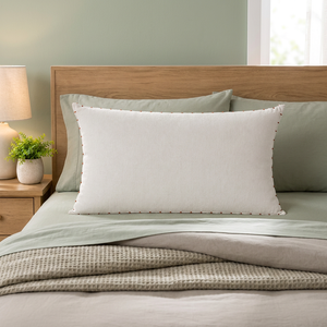 Housse de coussin lombaire en coton et lin de qualité supérieure |   Coussin rectangulaire blanc naturel avec détails de surpiqûres contrastées pour canapé, chambre à coucher - Product Image 3