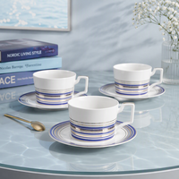 Ensemble de tasses à café et à thé en céramique à rayures bleues avec impression de motifs de luxe, bordure dorée, vaisselle en porcelaine pour la maison, cadeau